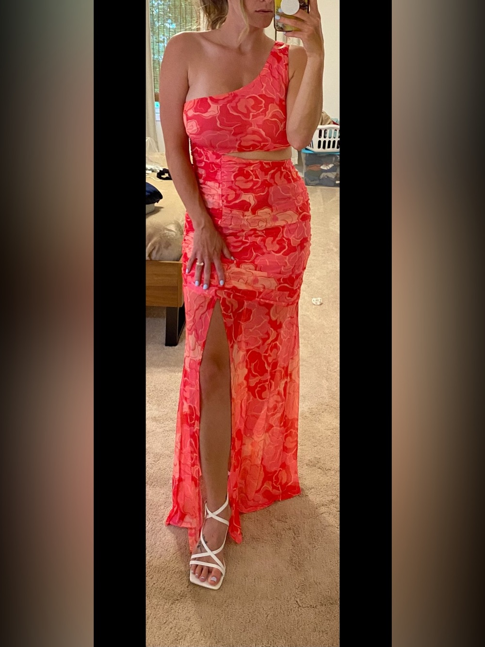Hello Molly Coral Pink One-Shoulder Cutout Maxi Dress